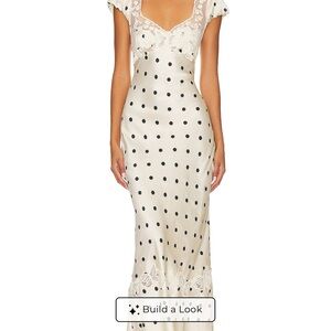 Polka Dot Lace-Trim Satin Maxi Dress in Ivory
